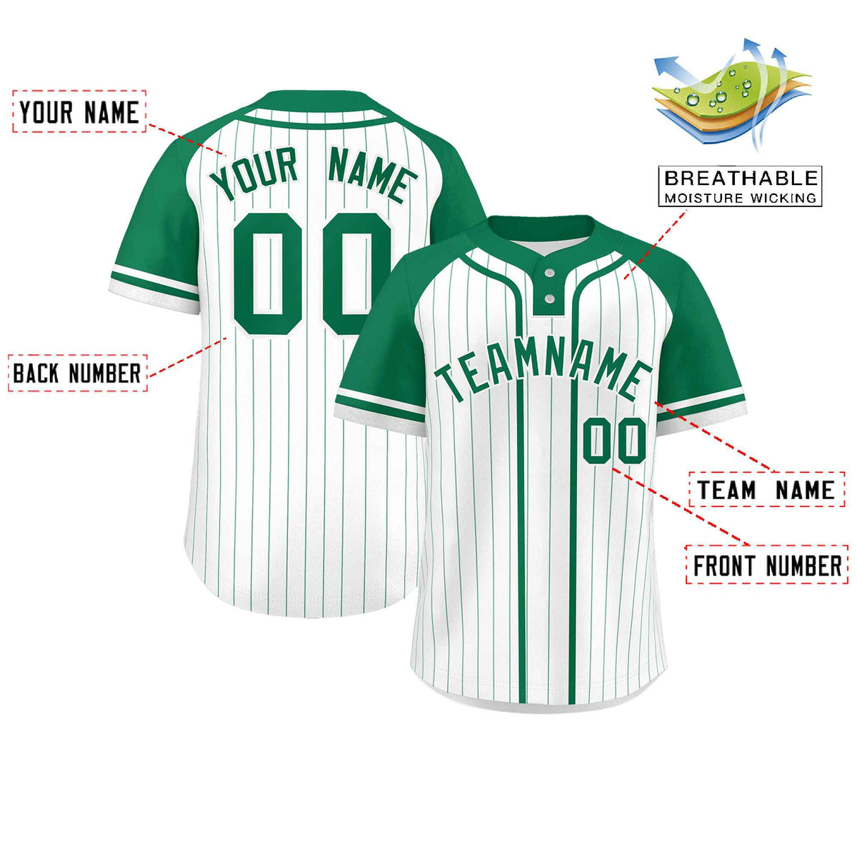 Custom White Kelly Green Stripe Fashion Raglan Sleeves Authentic Two-Button Softball Jersey