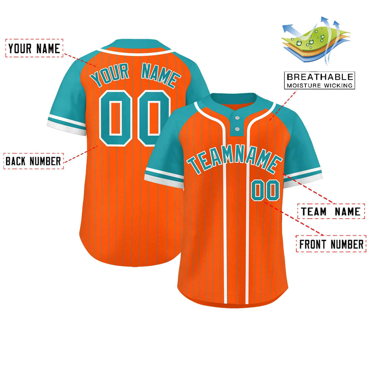 Custom Orange Aqua-White Stripe Fashion Raglan Sleeves Authentic Two-Button Softball Jersey
