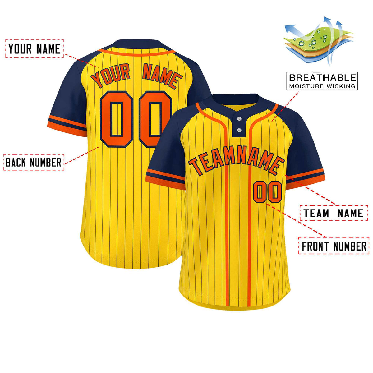 Custom Gold Navy-Orange Stripe Fashion Raglan Sleeves Authentic Two-Button Softball Jersey
