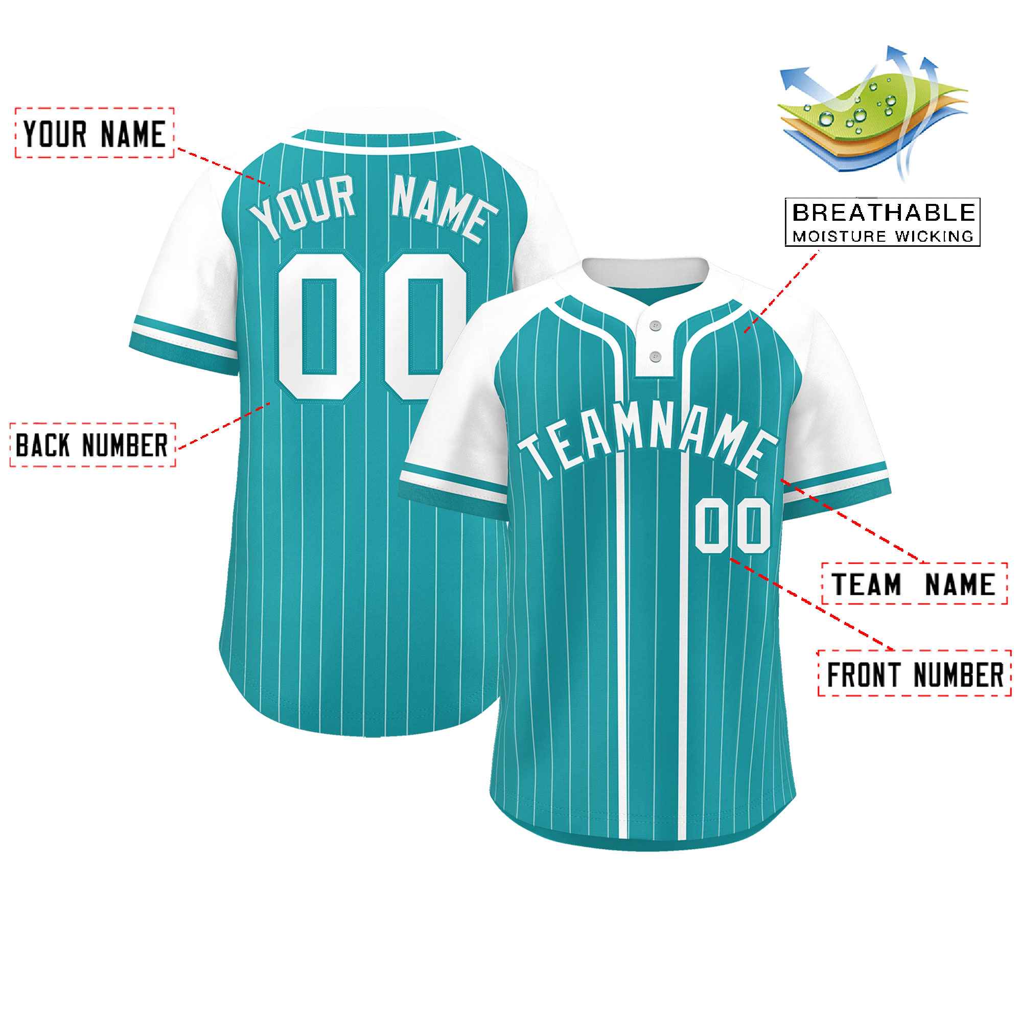 Custom Aqua White Stripe Fashion Raglan Sleeves Authentic Two-Button Softball Jersey