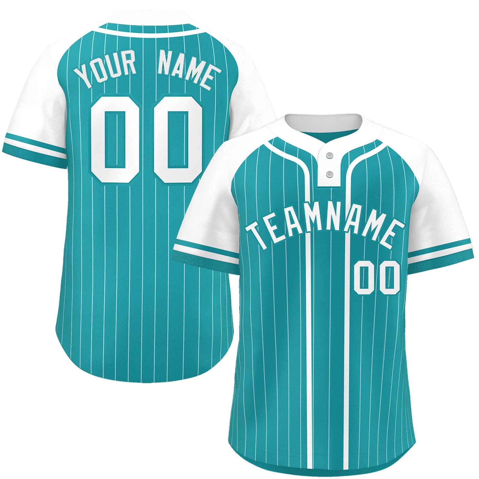 Custom Aqua White Stripe Fashion Raglan Sleeves Authentic Two-Button Softball Jersey