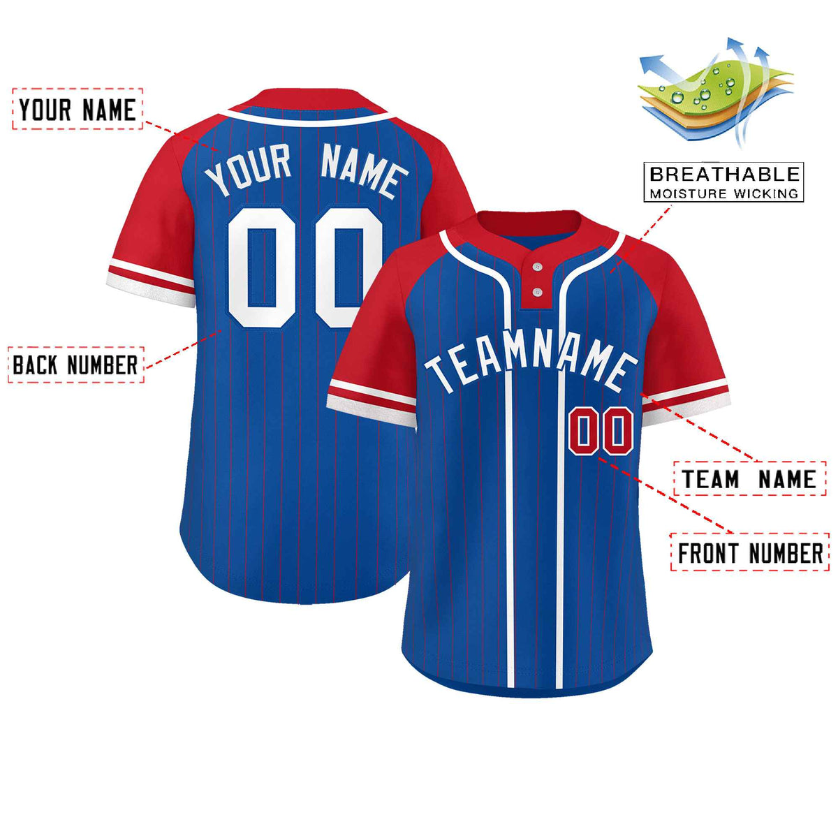 Custom Royal Red-White Stripe Fashion Raglan Sleeves Authentic Two-Button Softball Jersey