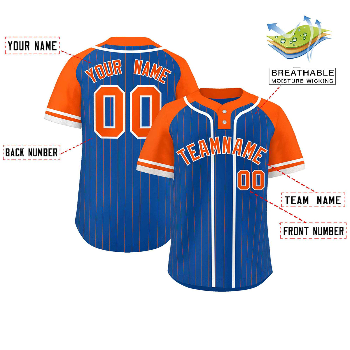 Custom Royal Orange-White Stripe Fashion Raglan Sleeves Authentic Two-Button Softball Jersey