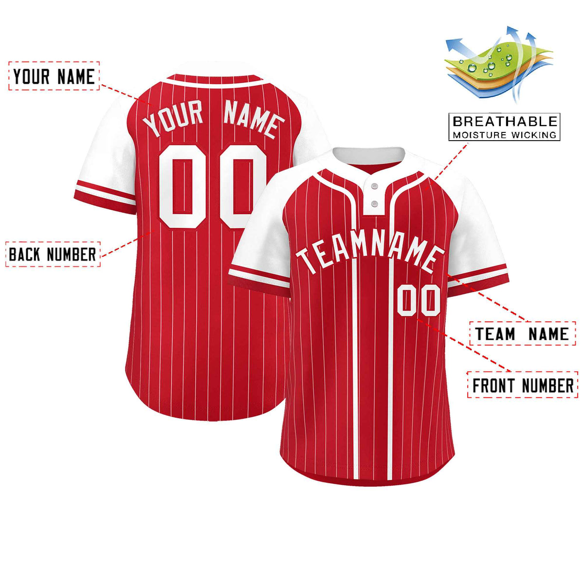 Custom Red White Stripe Fashion Raglan Sleeves Authentic Two-Button Softball Jersey