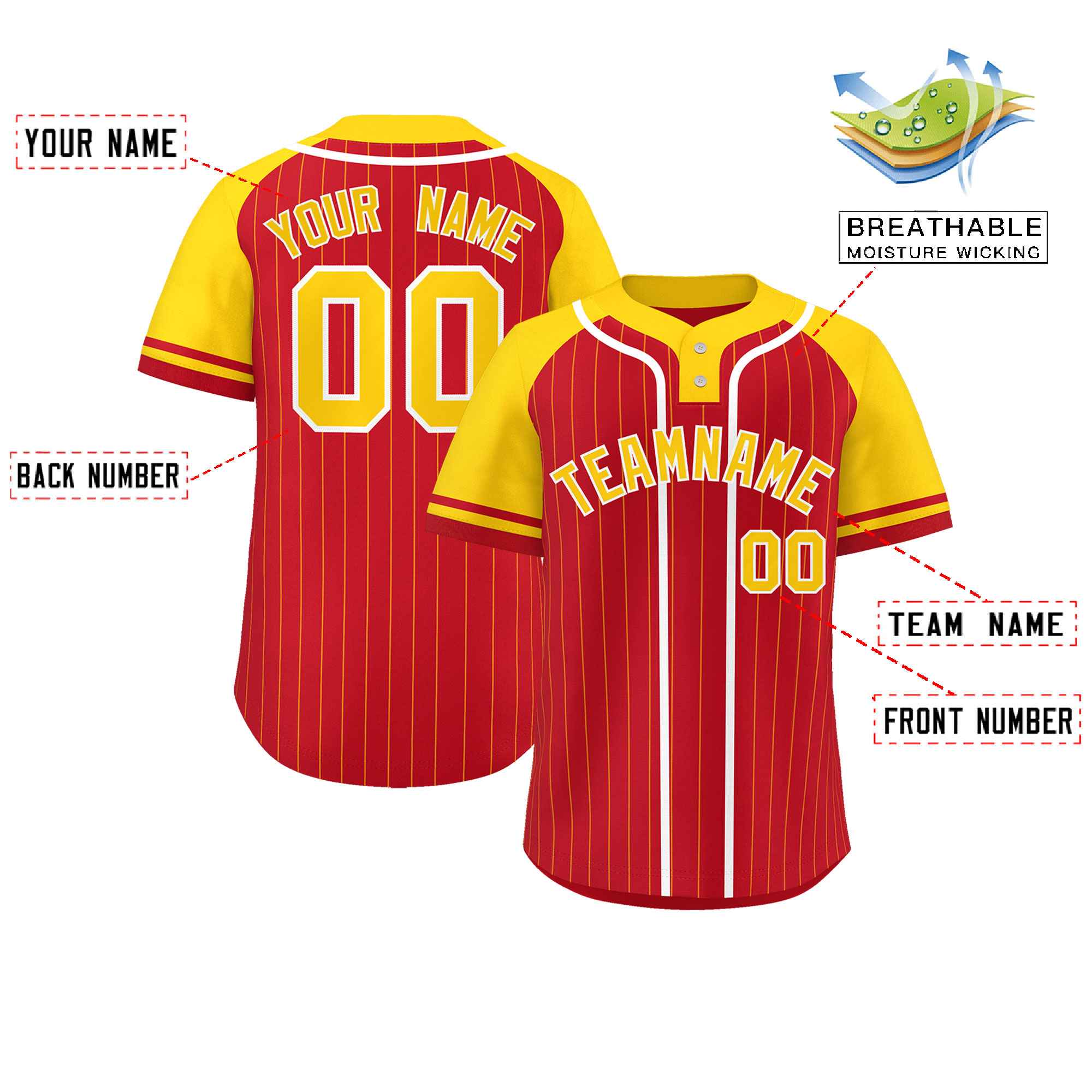 Custom Red Gold-White Stripe Fashion Raglan Sleeves Authentic Two-Button Softball Jersey