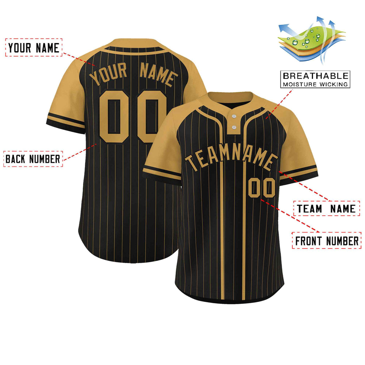 Custom Black Old Gold Stripe Fashion Raglan Sleeves Authentic Two-Button Softball Jersey