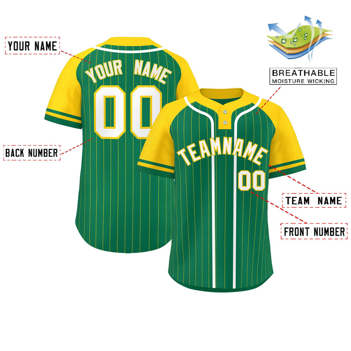 Custom Kelly Green Gold-White Stripe Fashion Raglan Sleeves Authentic Two-Button Softball Jersey