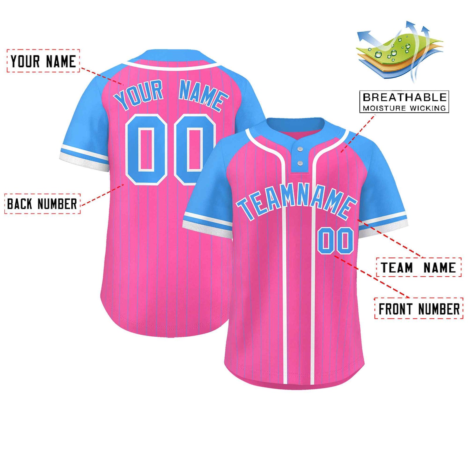 Custom Pink Powder Blue-White Stripe Fashion Raglan Sleeves Authentic Two-Button Softball Jersey