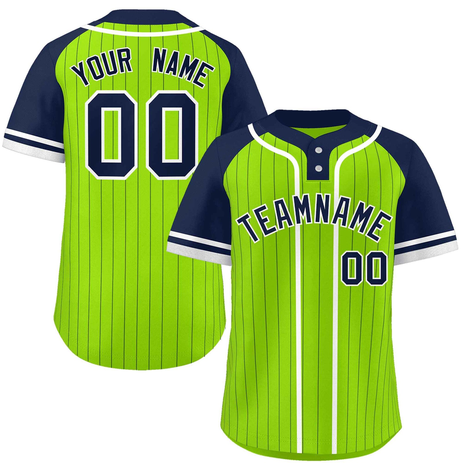 Custom Neon Green Navy-White Stripe Fashion Raglan Sleeves Authentic Two-Button Softball Jersey