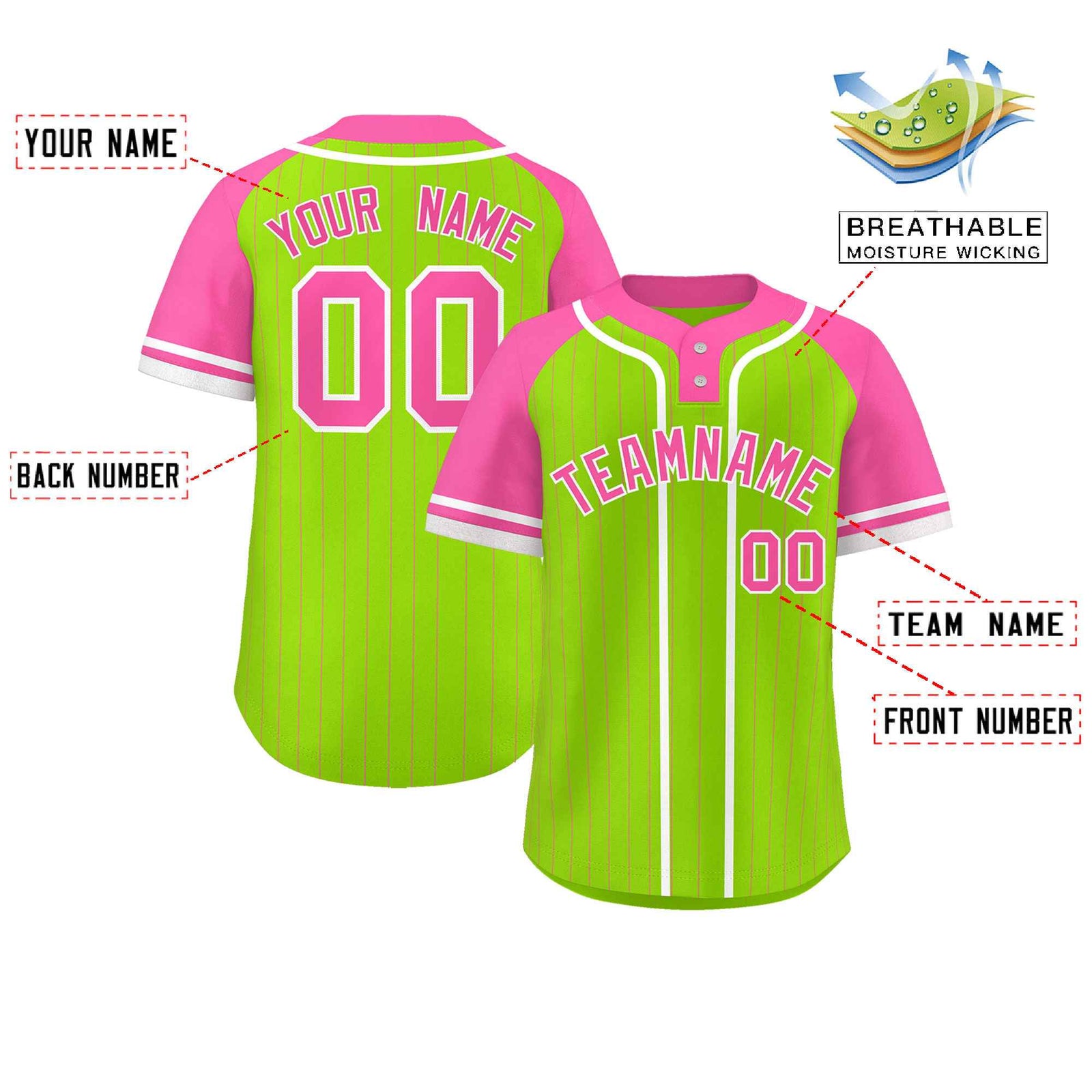 Custom Neon Green Pink-White Stripe Fashion Raglan Sleeves Authentic Two-Button Softball Jersey