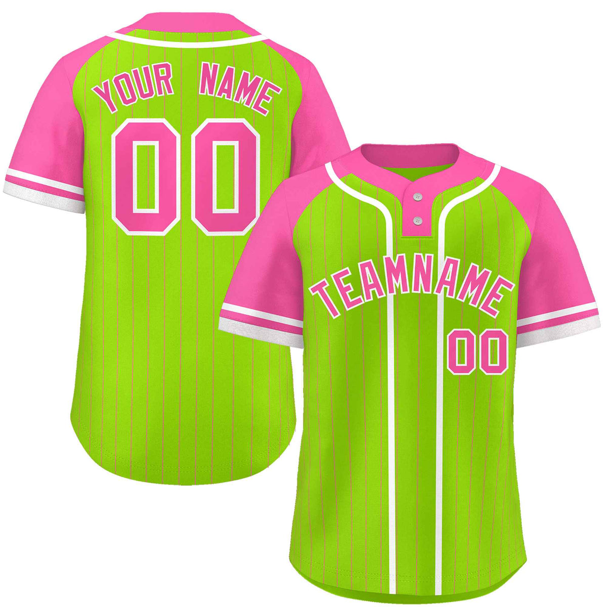 Custom Neon Green Pink-White Stripe Fashion Raglan Sleeves Authentic Two-Button Softball Jersey