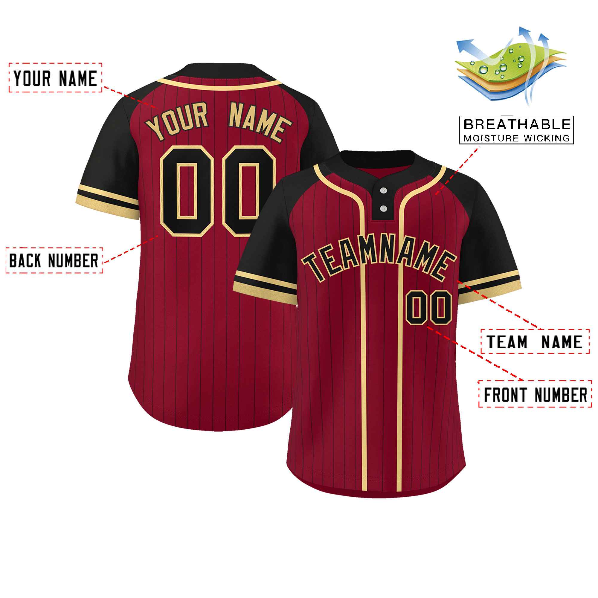 Custom Crimson Black-Khaki Stripe Fashion Raglan Sleeves Authentic Two-Button Softball Jersey
