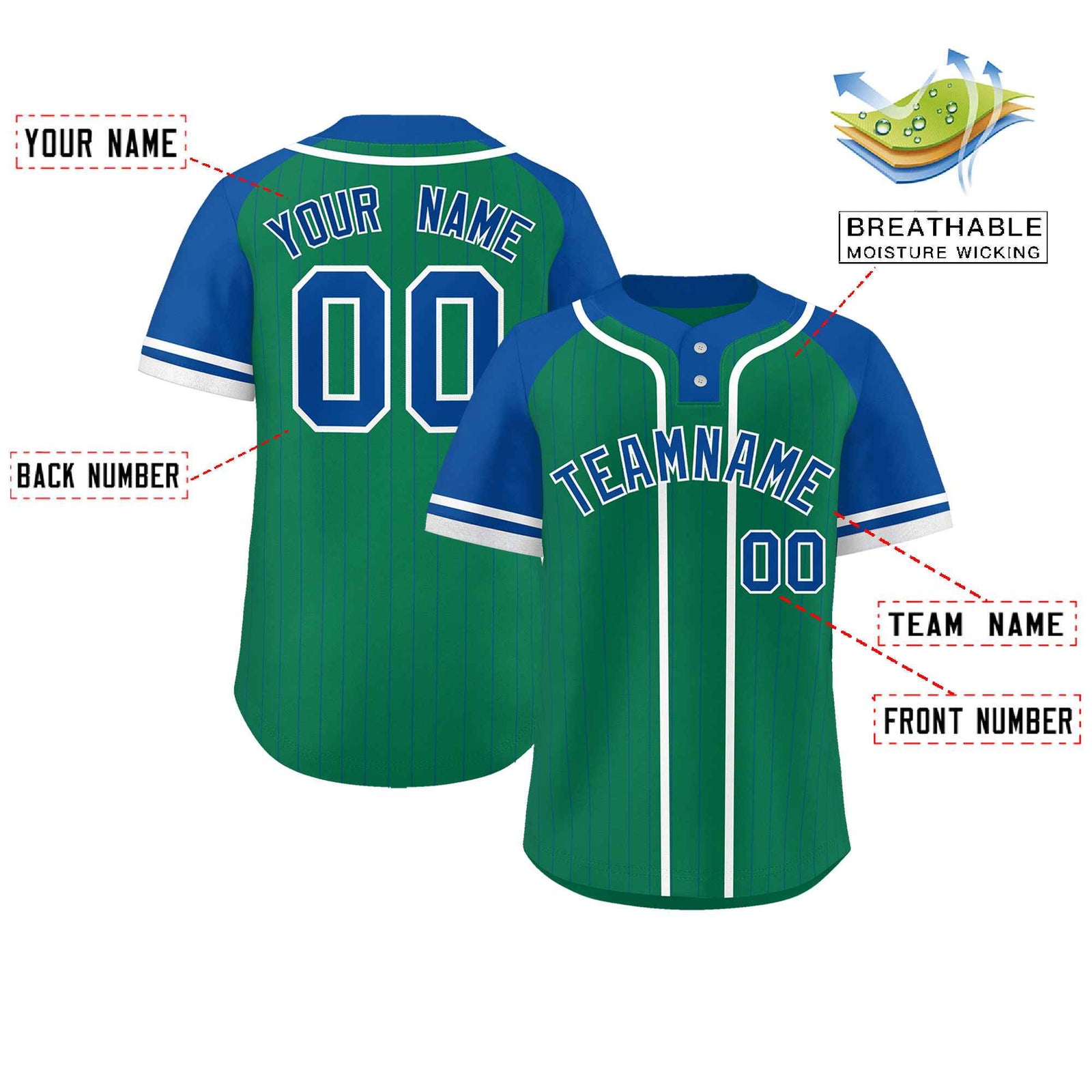 Custom Kelly Green Royal-White Stripe Fashion Raglan Sleeves Authentic Two-Button Softball Jersey