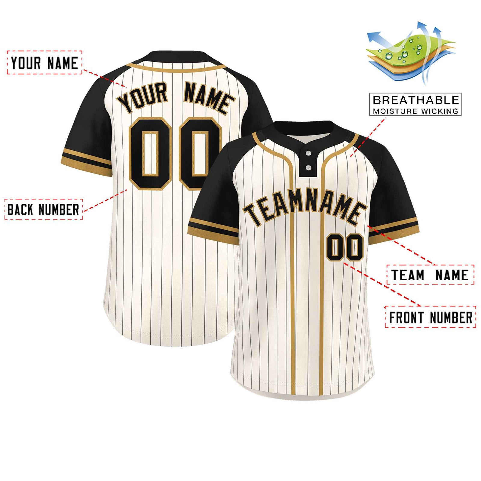 Custom Cream Black-Old Gold Stripe Fashion Raglan Sleeves Authentic Two-Button Softball Jersey