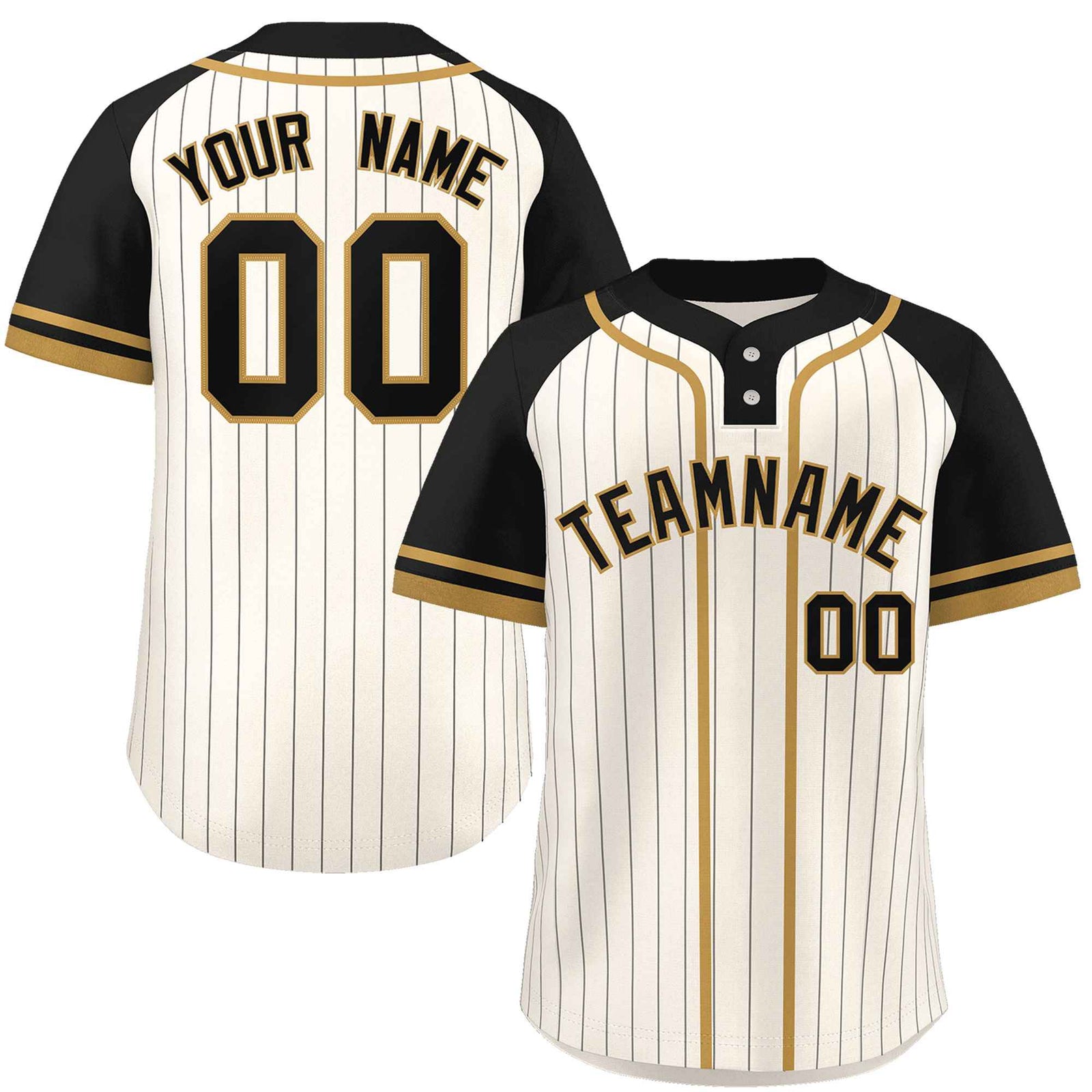 Custom Cream Black-Old Gold Stripe Fashion Raglan Sleeves Authentic Two-Button Softball Jersey