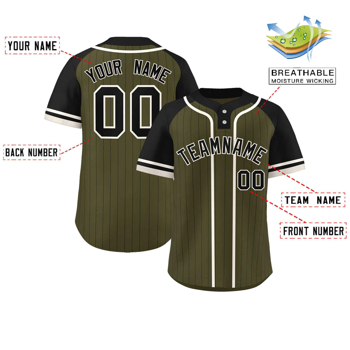 Custom Olive Black-Cream Stripe Fashion Raglan Sleeves Authentic Two-Button Softball Jersey