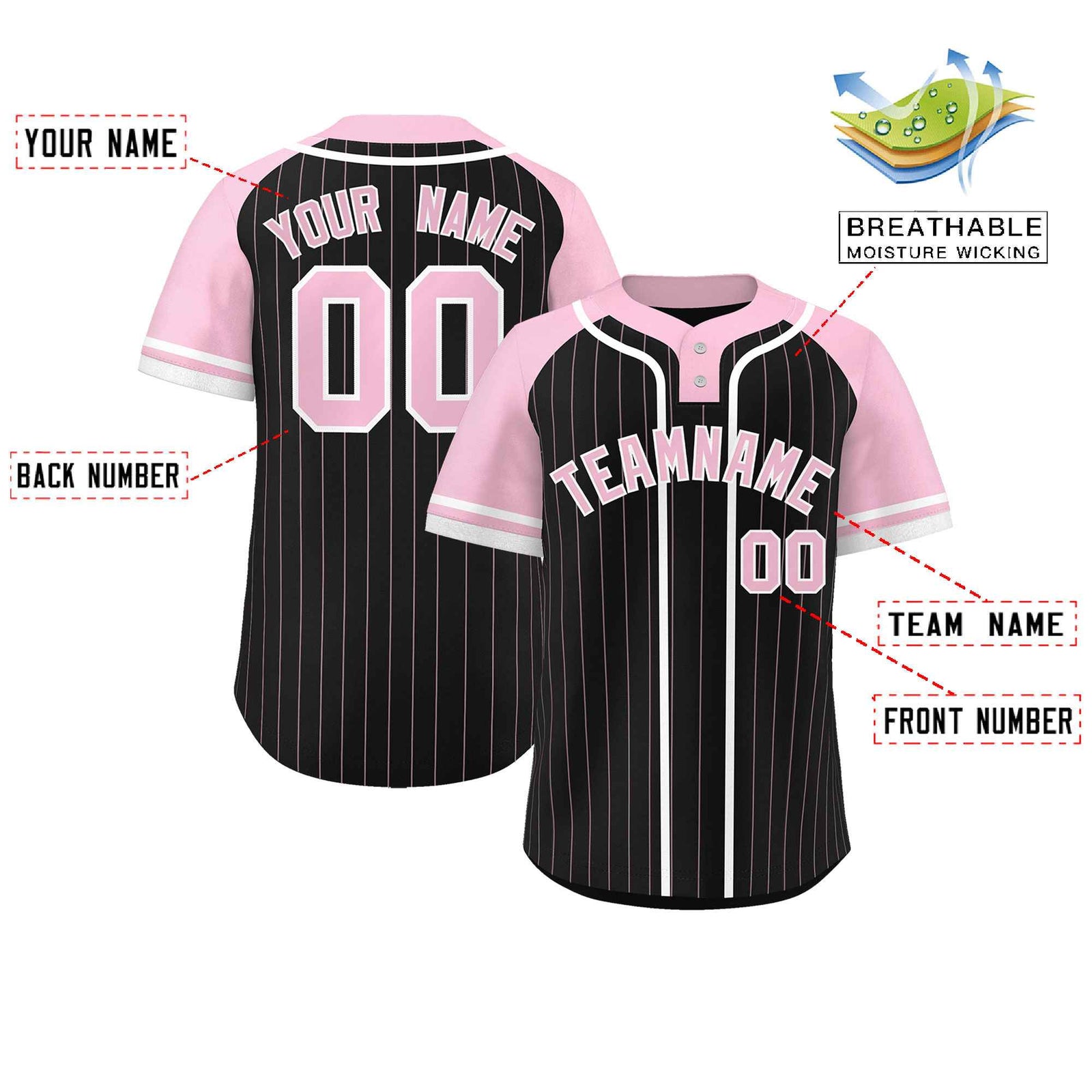 Custom Black Light Pink-White Stripe Fashion Raglan Sleeves Authentic Two-Button Softball Jersey