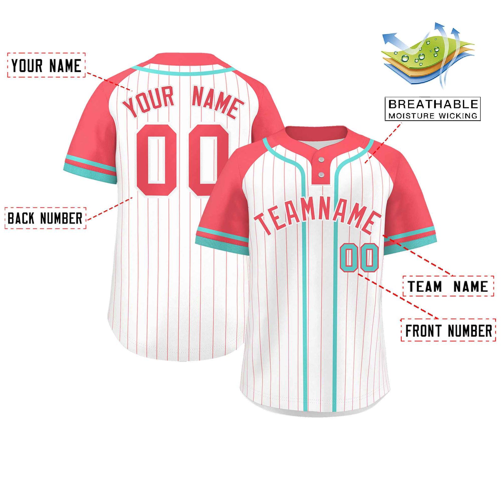 Custom White Light Red-Aqua Stripe Fashion Raglan Sleeves Authentic Two-Button Softball Jersey