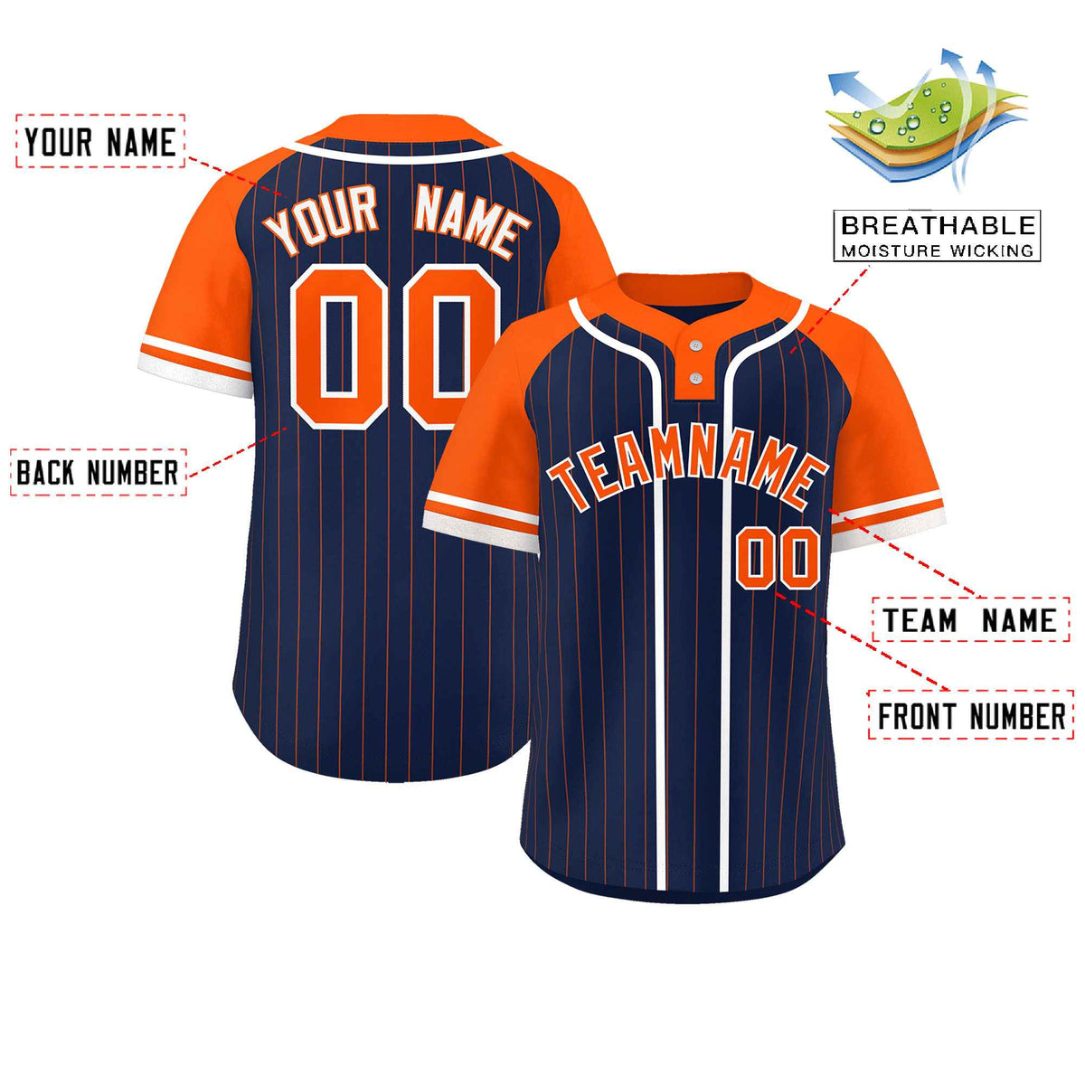 Custom Navy Orange-White Stripe Fashion Raglan Sleeves Authentic Two-Button Softball Jersey