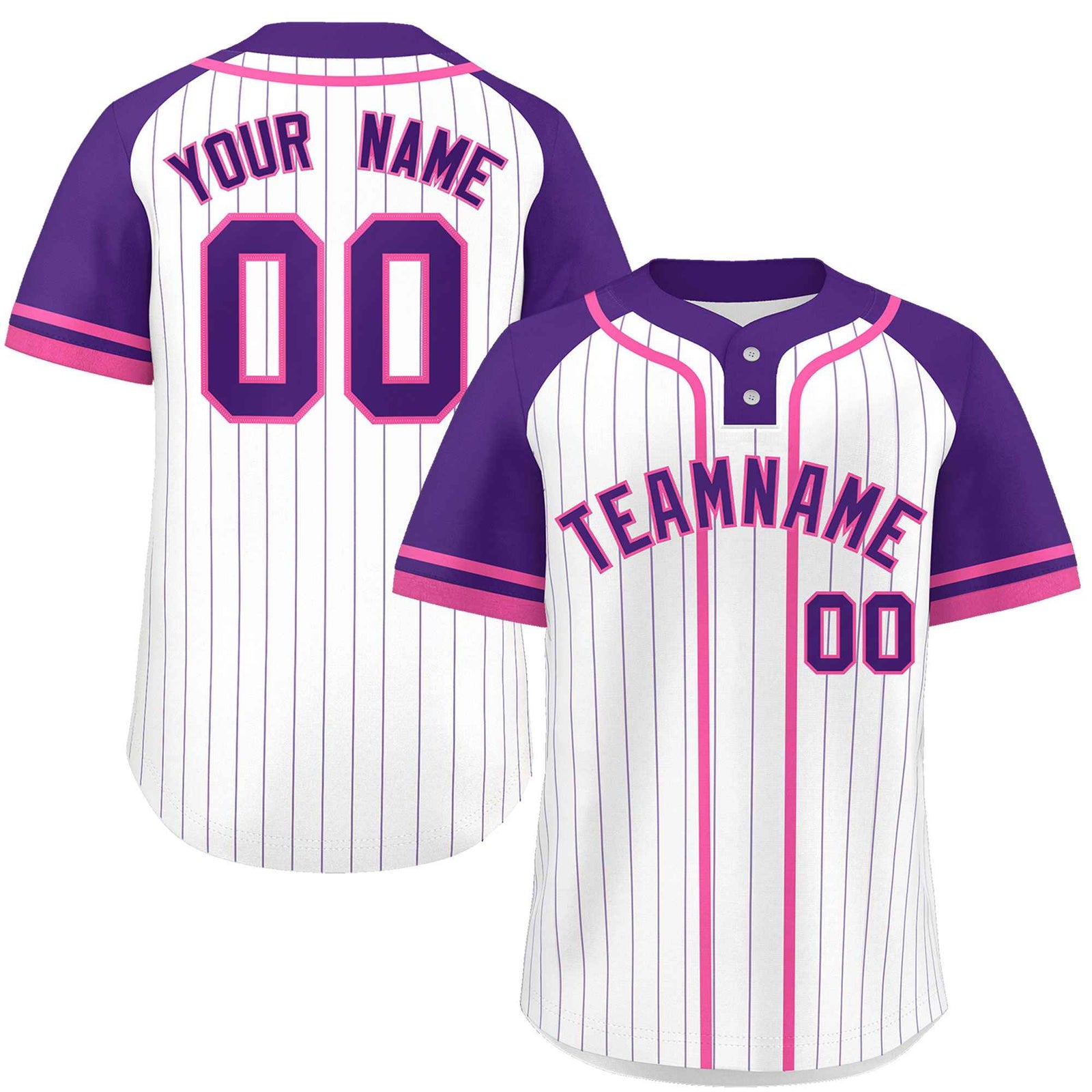 Custom White Purple-Pink Stripe Fashion Raglan Sleeves Authentic Two-Button Softball Jersey