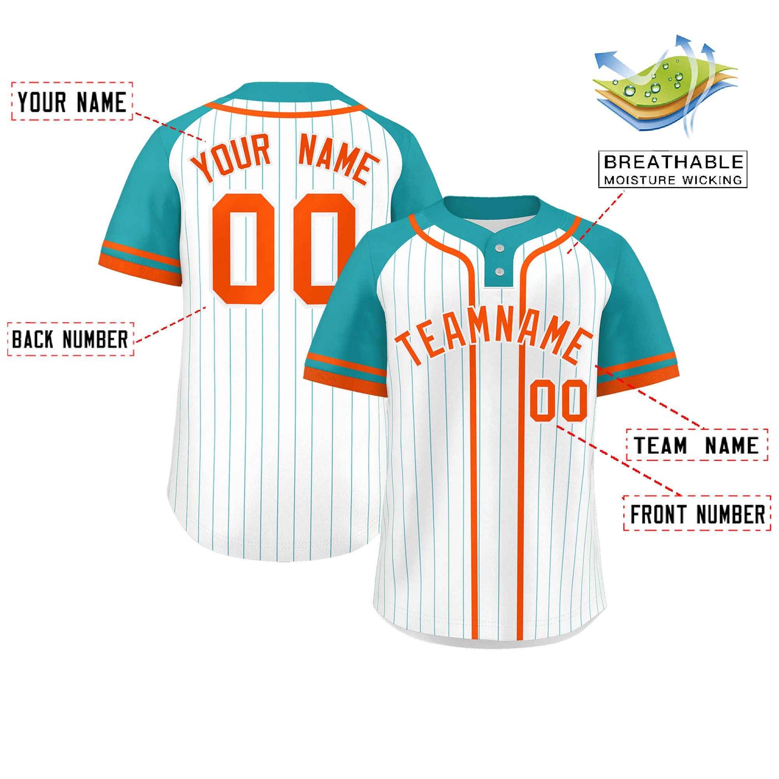 Custom White Aqua-Orange Stripe Fashion Raglan Sleeves Authentic Two-Button Softball Jersey