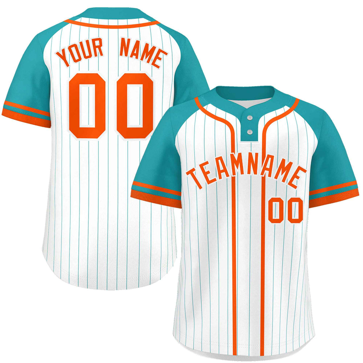 Custom White Aqua-Orange Stripe Fashion Raglan Sleeves Authentic Two-Button Softball Jersey