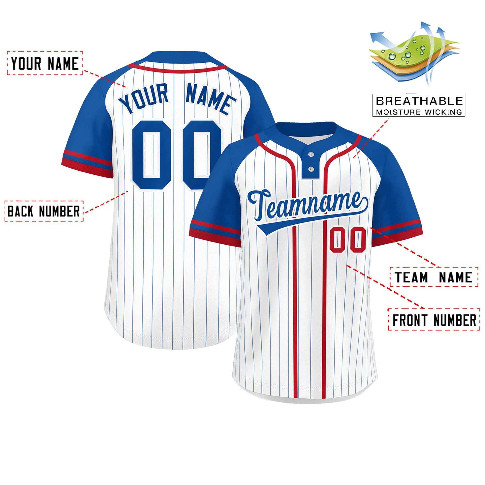 Custom White Royal-Red Stripe Fashion Raglan Sleeves Authentic Two-Button Softball Jersey