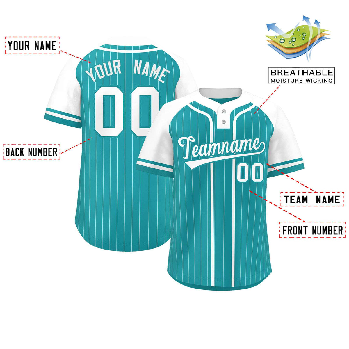 Custom Aqua White Stripe Fashion Raglan Sleeves Authentic Two-Button Softball Jersey