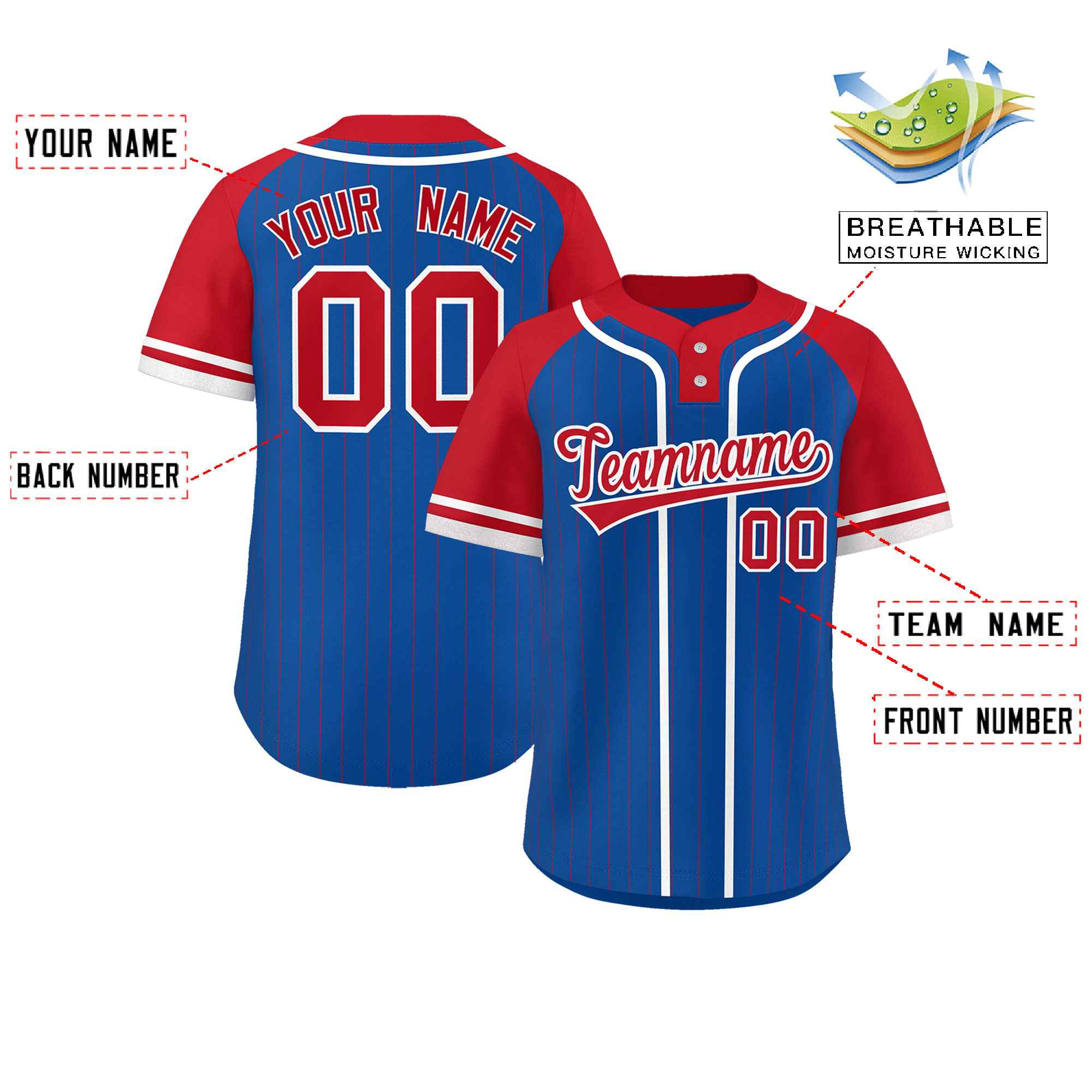 Custom Royal Red-White Stripe Fashion Raglan Sleeves Authentic Two-Button Softball Jersey