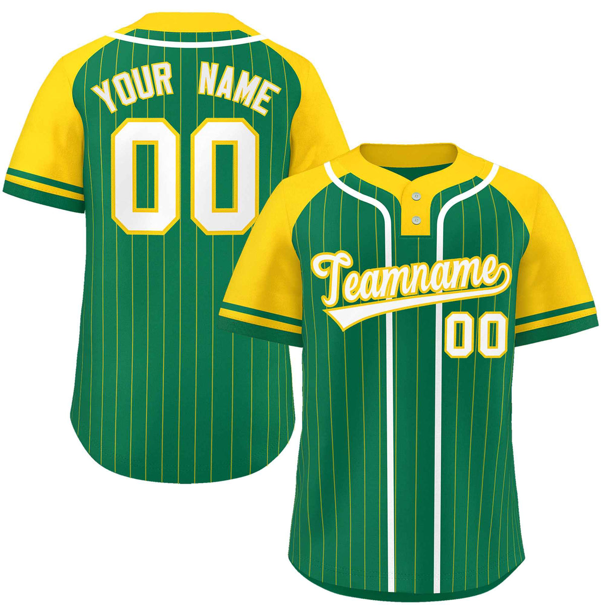 Custom Kelly Green Gold-White Stripe Fashion Raglan Sleeves Authentic Two-Button Softball Jersey