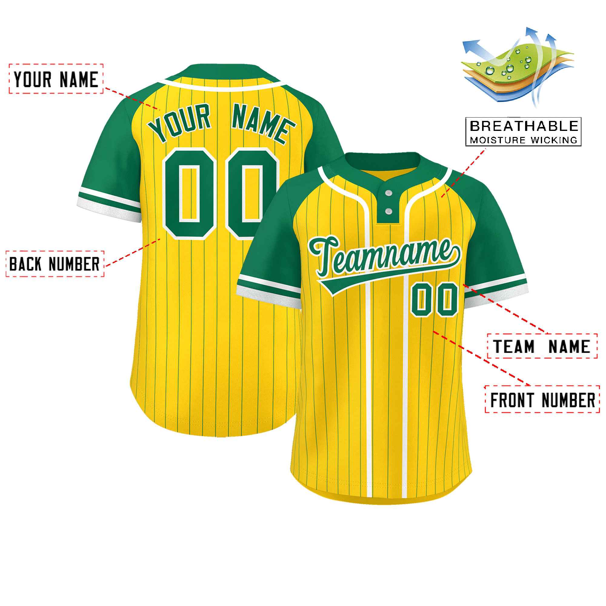 Custom Gold Kelly Green-White Stripe Fashion Raglan Sleeves Authentic Two-Button Softball Jersey