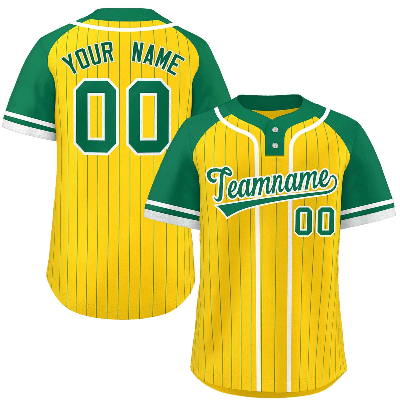 Custom Gold Kelly Green-White Stripe Fashion Raglan Sleeves Authentic Two-Button Softball Jersey