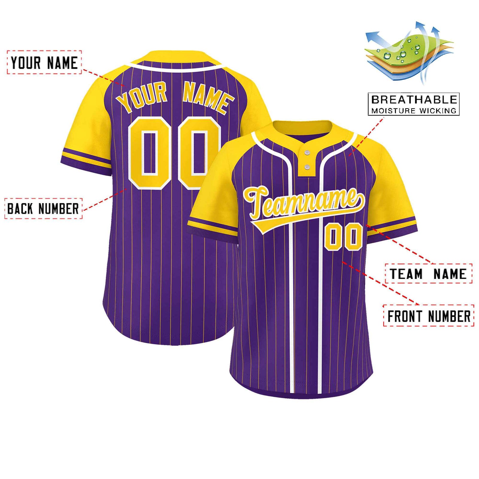 Custom Purple Gold-White Stripe Fashion Raglan Sleeves Authentic Two-Button Softball Jersey
