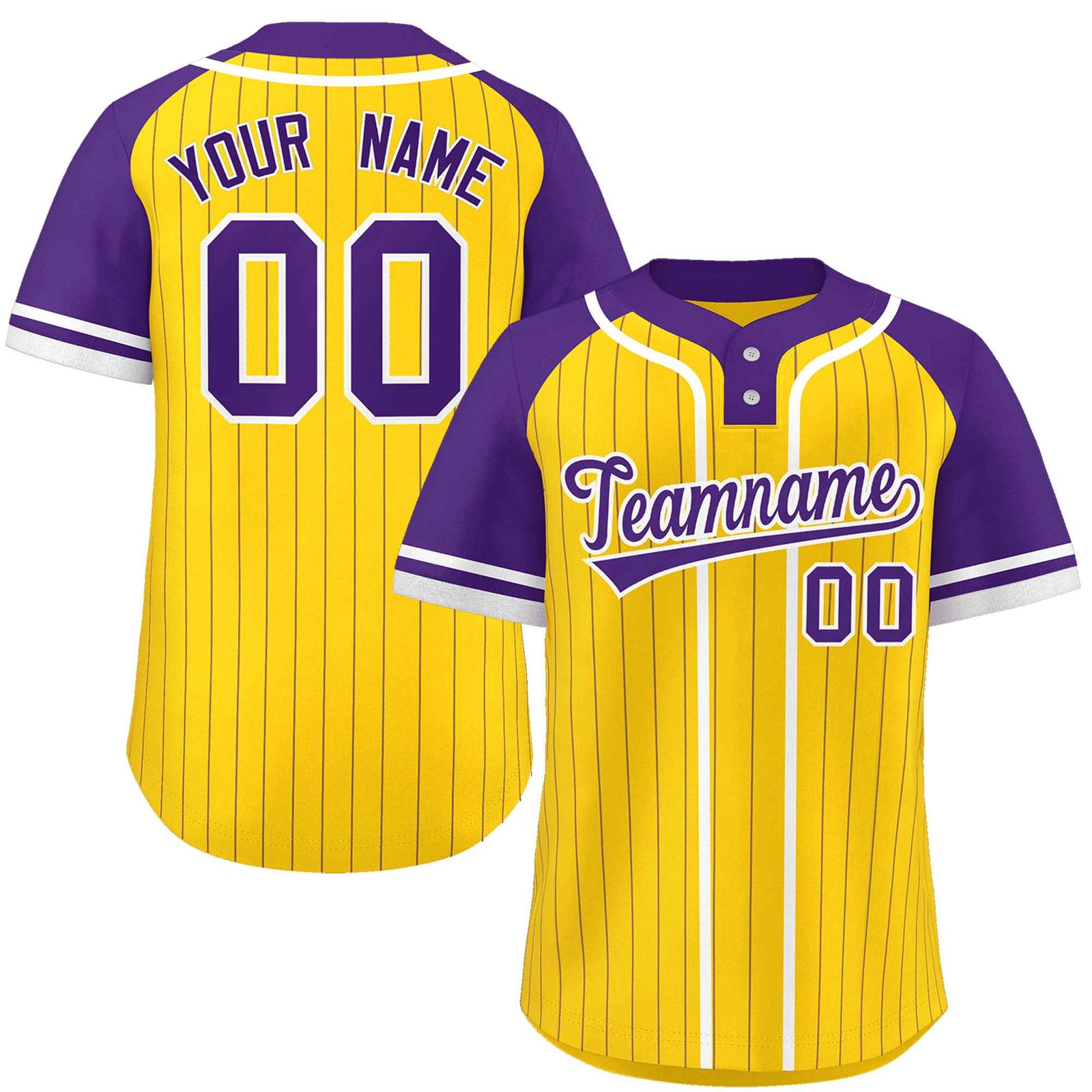 Custom Gold Purple-White Stripe Fashion Raglan Sleeves Authentic Two-Button Softball Jersey