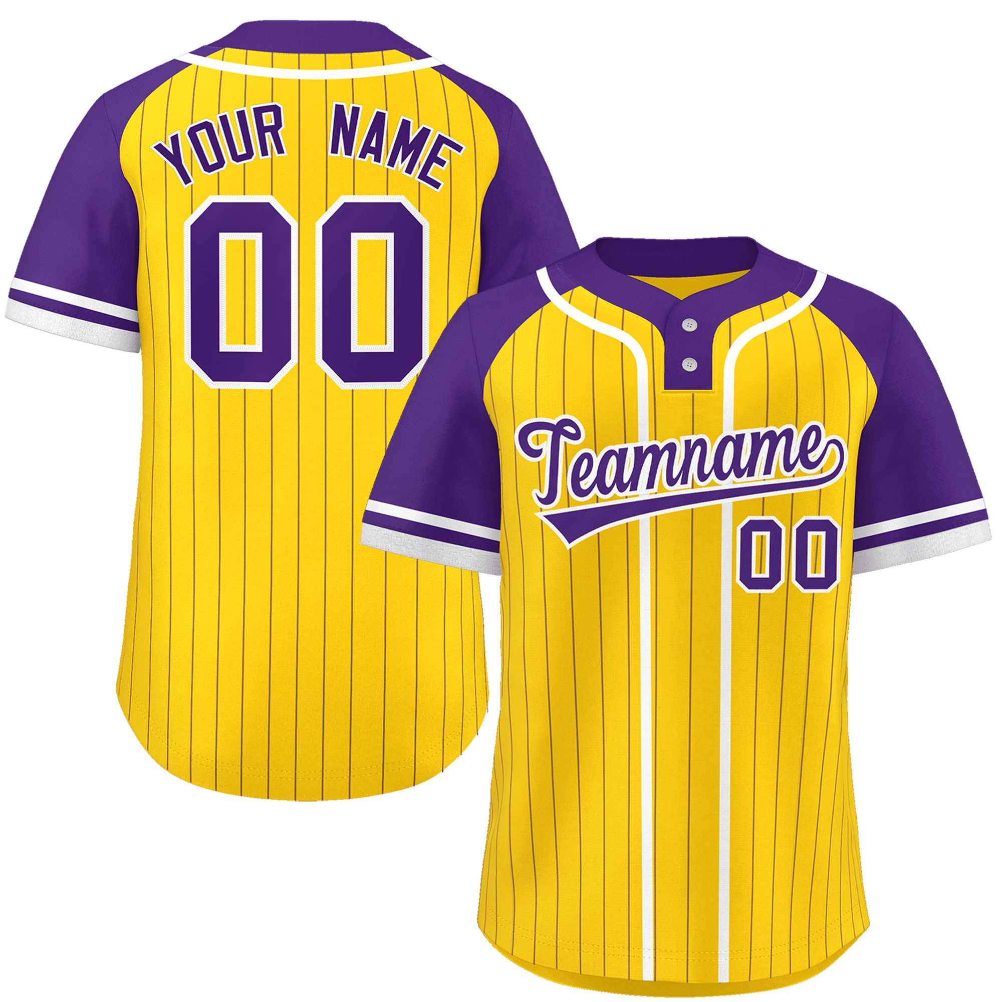 Custom Gold Purple-White Stripe Fashion Raglan Sleeves Authentic Two-Button Softball Jersey