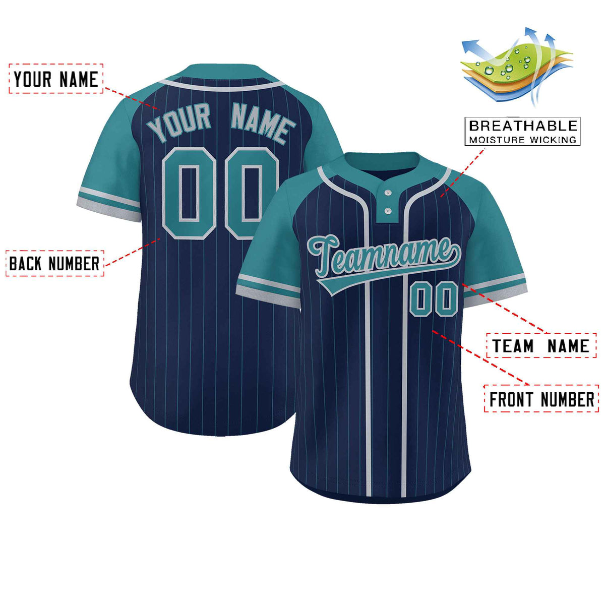 Custom Navy Aqua-Gray Stripe Fashion Raglan Sleeves Authentic Two-Button Softball Jersey