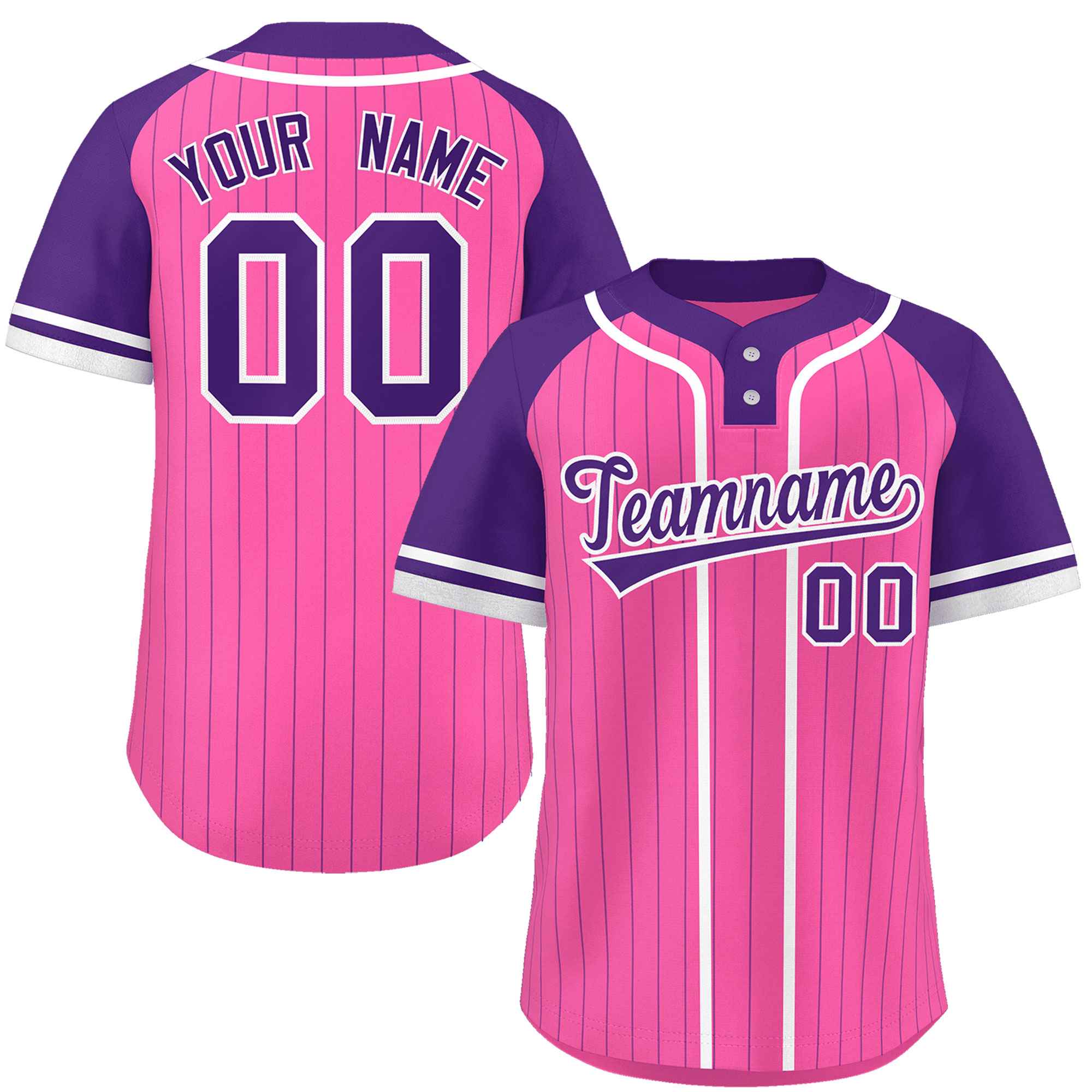 Custom Pink Purple-White Stripe Fashion Raglan Sleeves Authentic Two-Button Softball Jersey