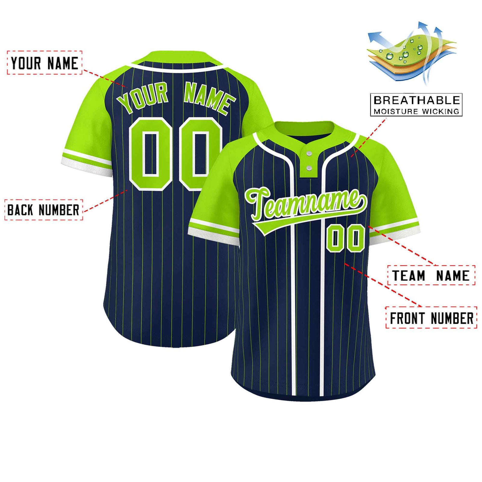 Custom Navy Neon Green-White Stripe Fashion Raglan Sleeves Authentic Two-Button Softball Jersey