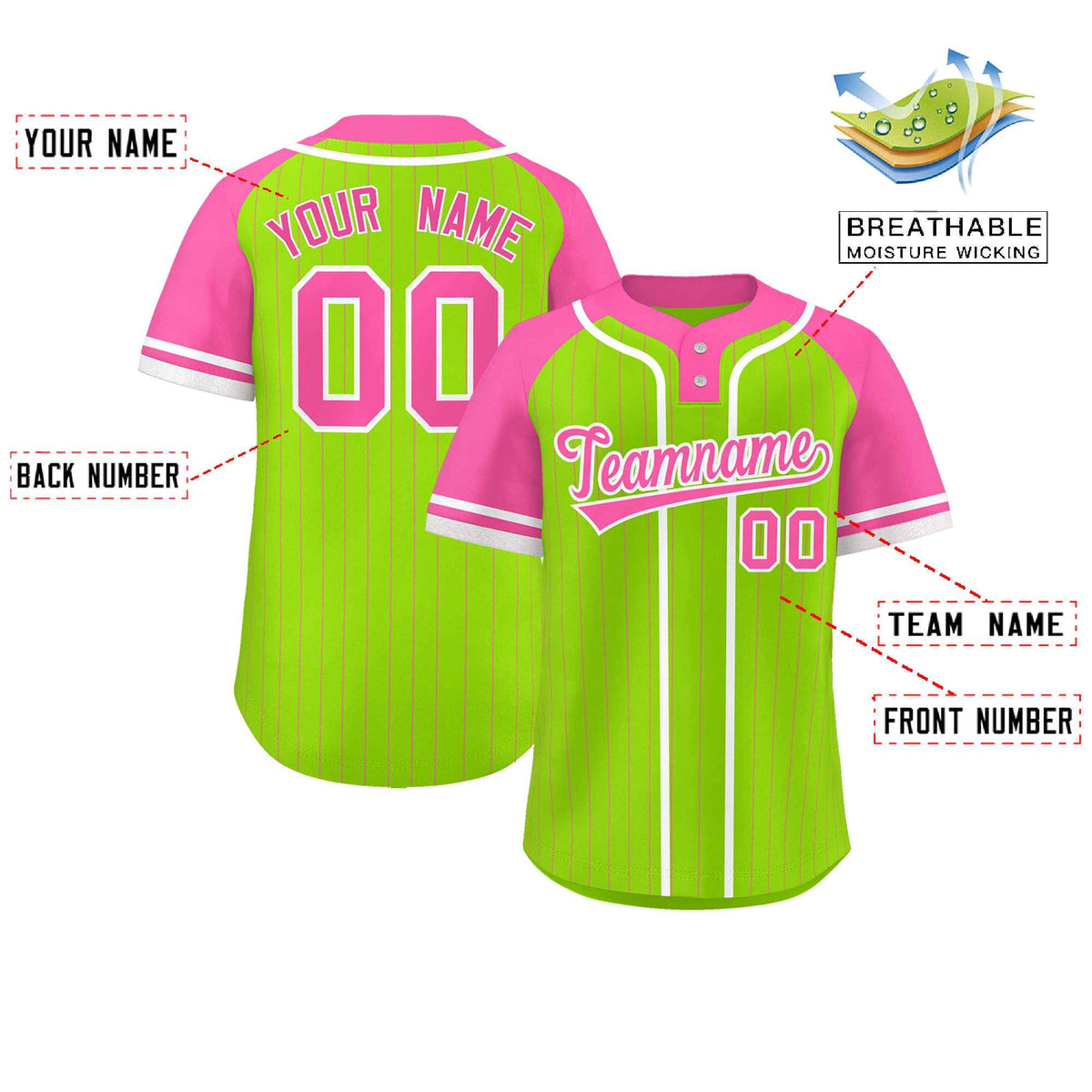 Custom Neon Green Pink-White Stripe Fashion Raglan Sleeves Authentic Two-Button Softball Jersey