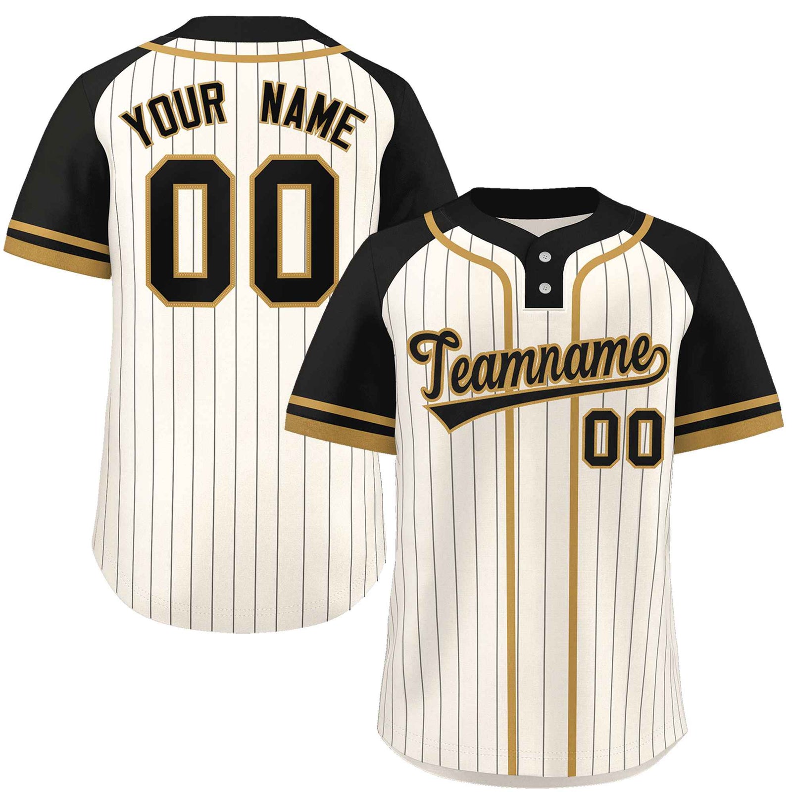 Custom Cream Black-Old Gold Stripe Fashion Raglan Sleeves Authentic Two-Button Softball Jersey