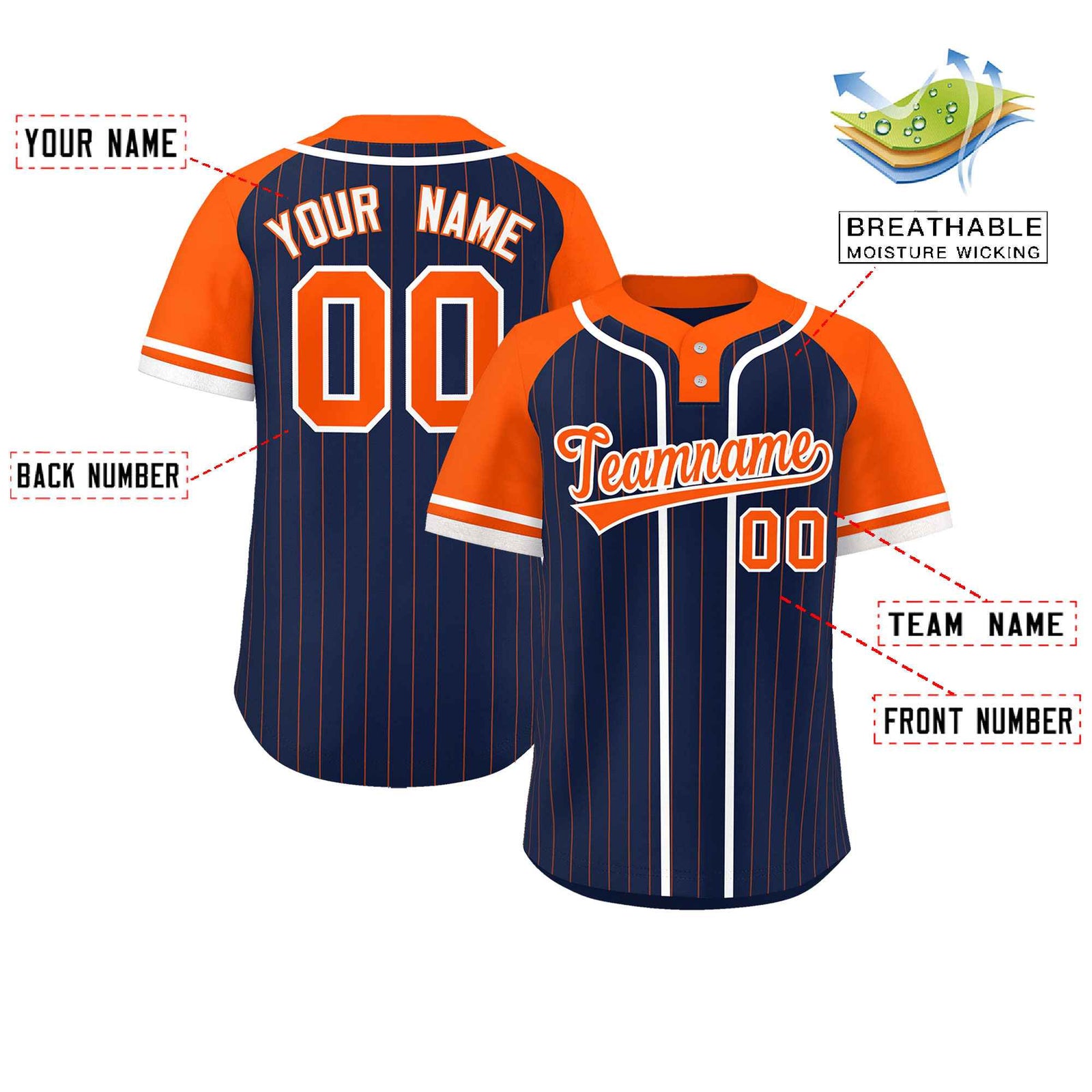 Custom Navy Orange-White Stripe Fashion Raglan Sleeves Authentic Two-Button Softball Jersey