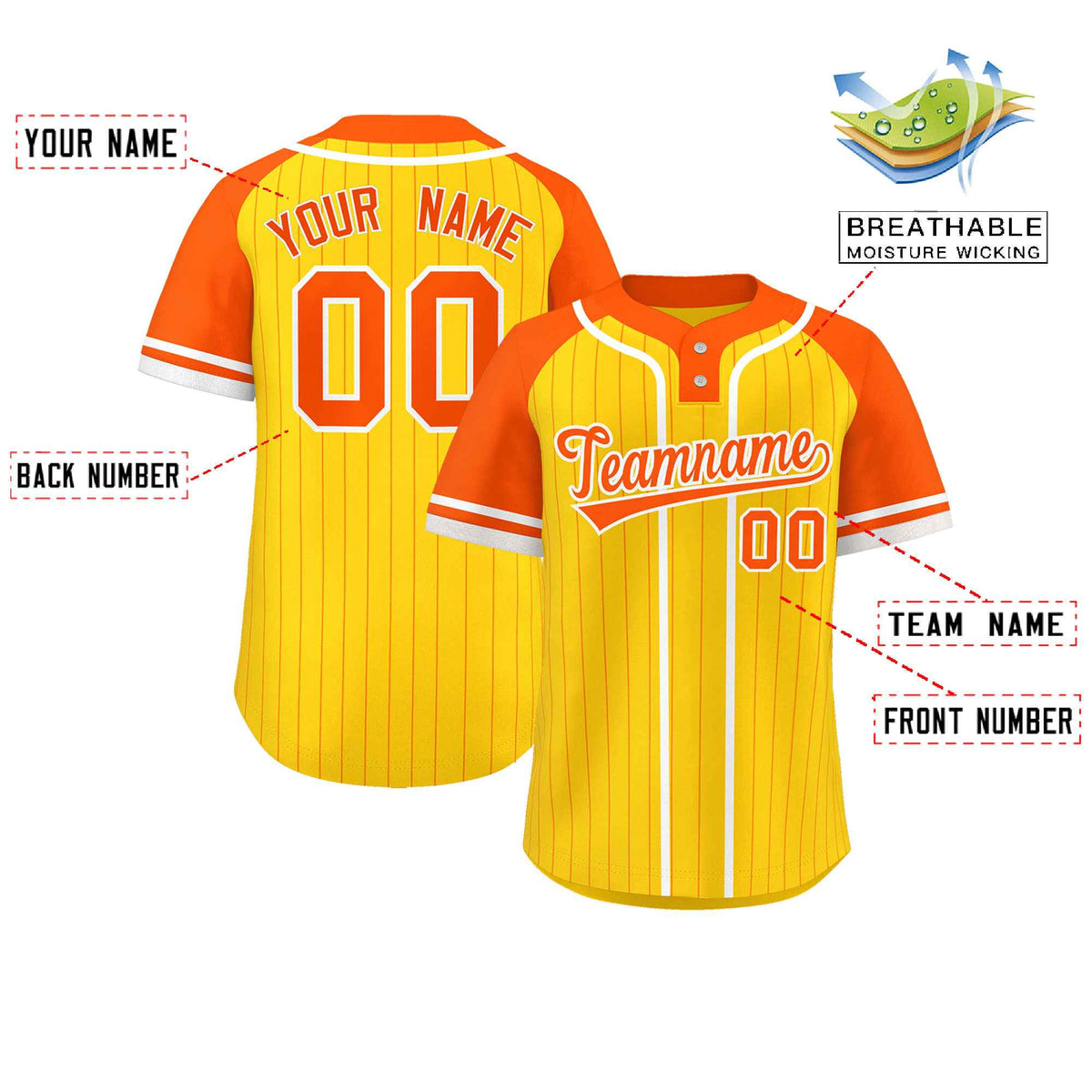 Custom Gold Orange-White Stripe Fashion Raglan Sleeves Authentic Two-Button Softball Jersey