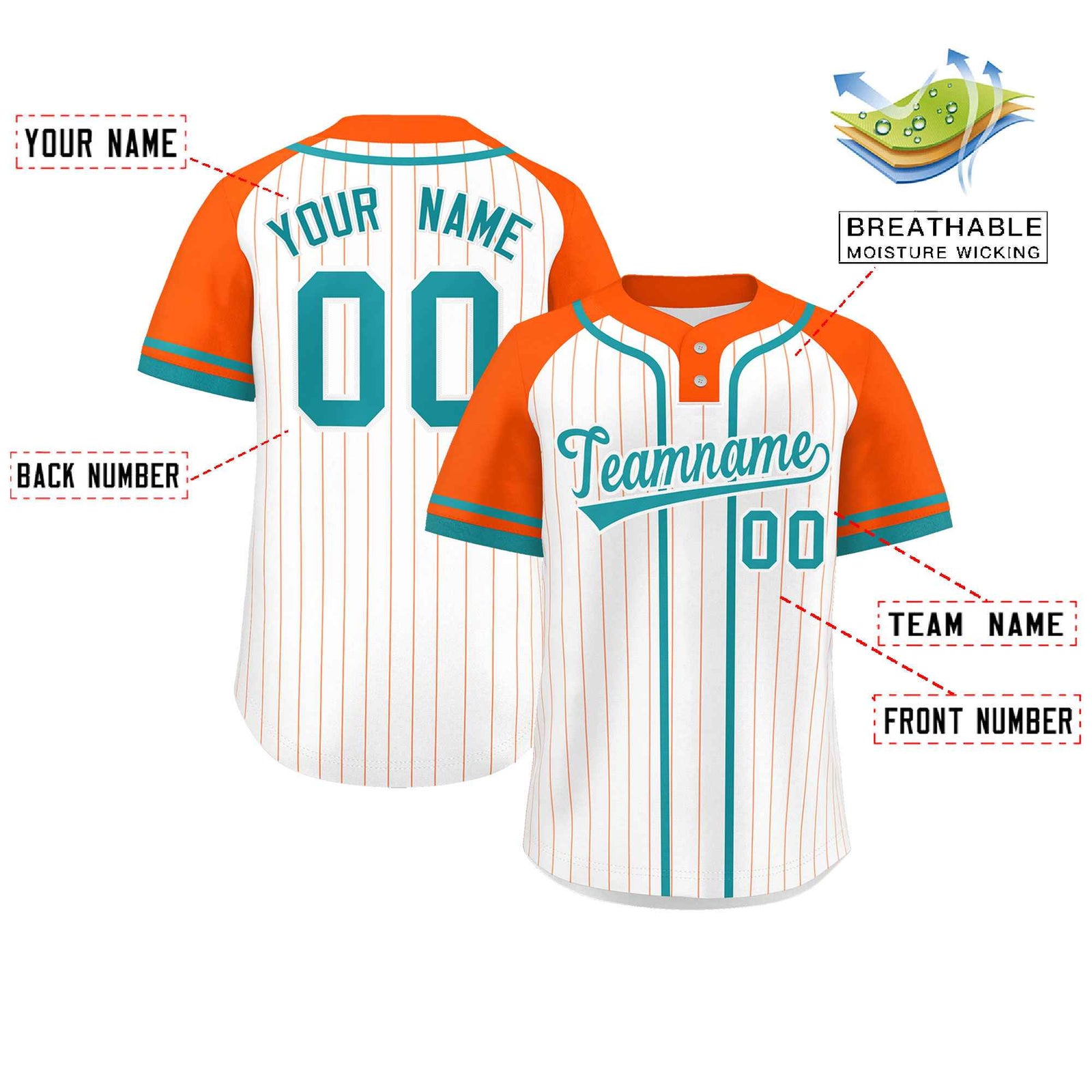 Custom White Orange-Aqua Stripe Fashion Raglan Sleeves Authentic Two-Button Softball Jersey