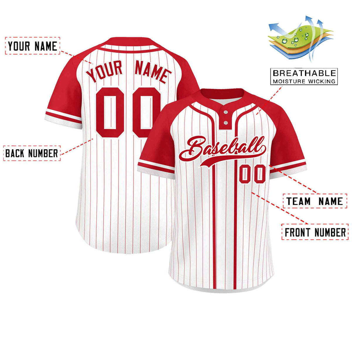Custom White Red Stripe Fashion Raglan Sleeves Authentic Two-Button Softball Jersey