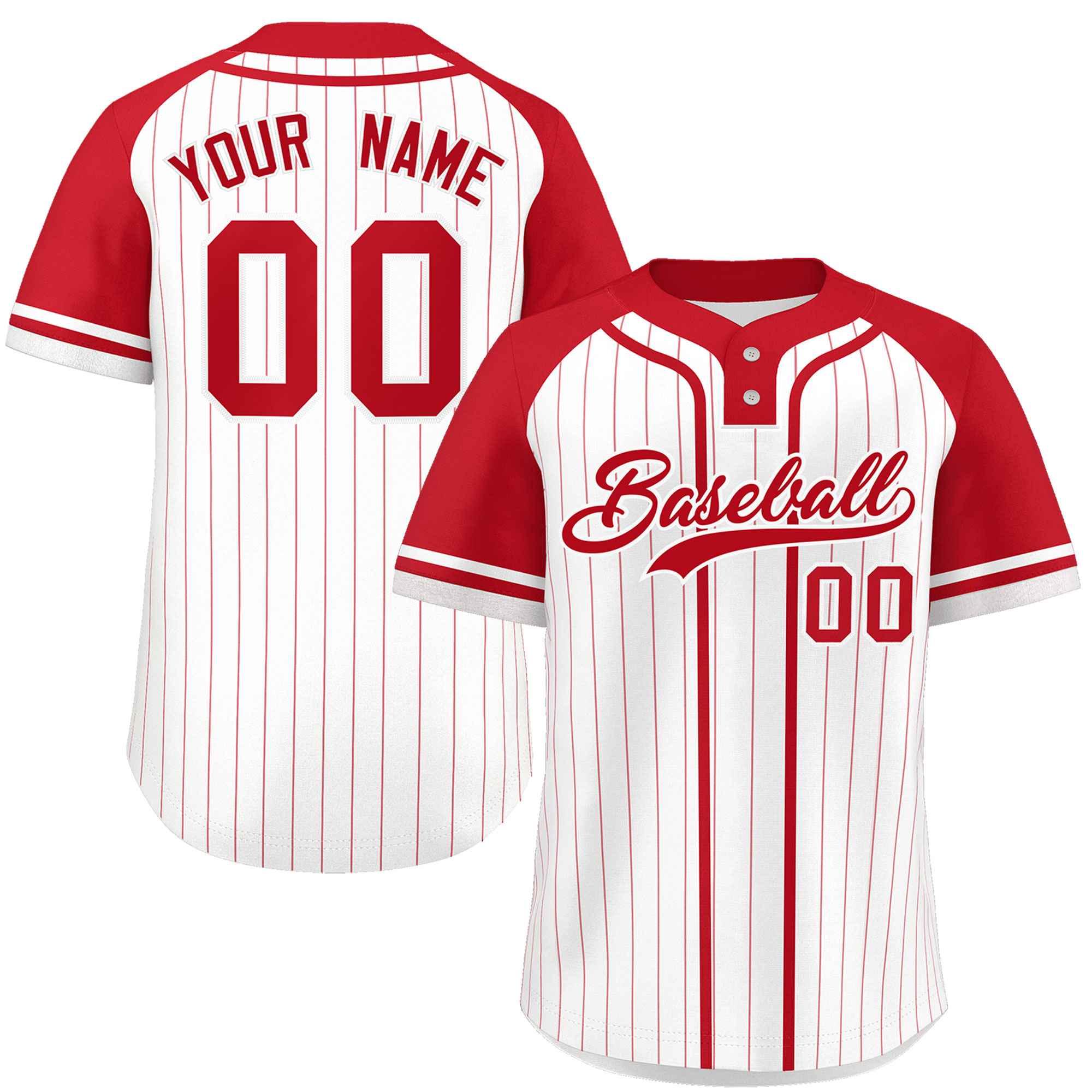 Custom White Red Stripe Fashion Raglan Sleeves Authentic Two-Button Softball Jersey