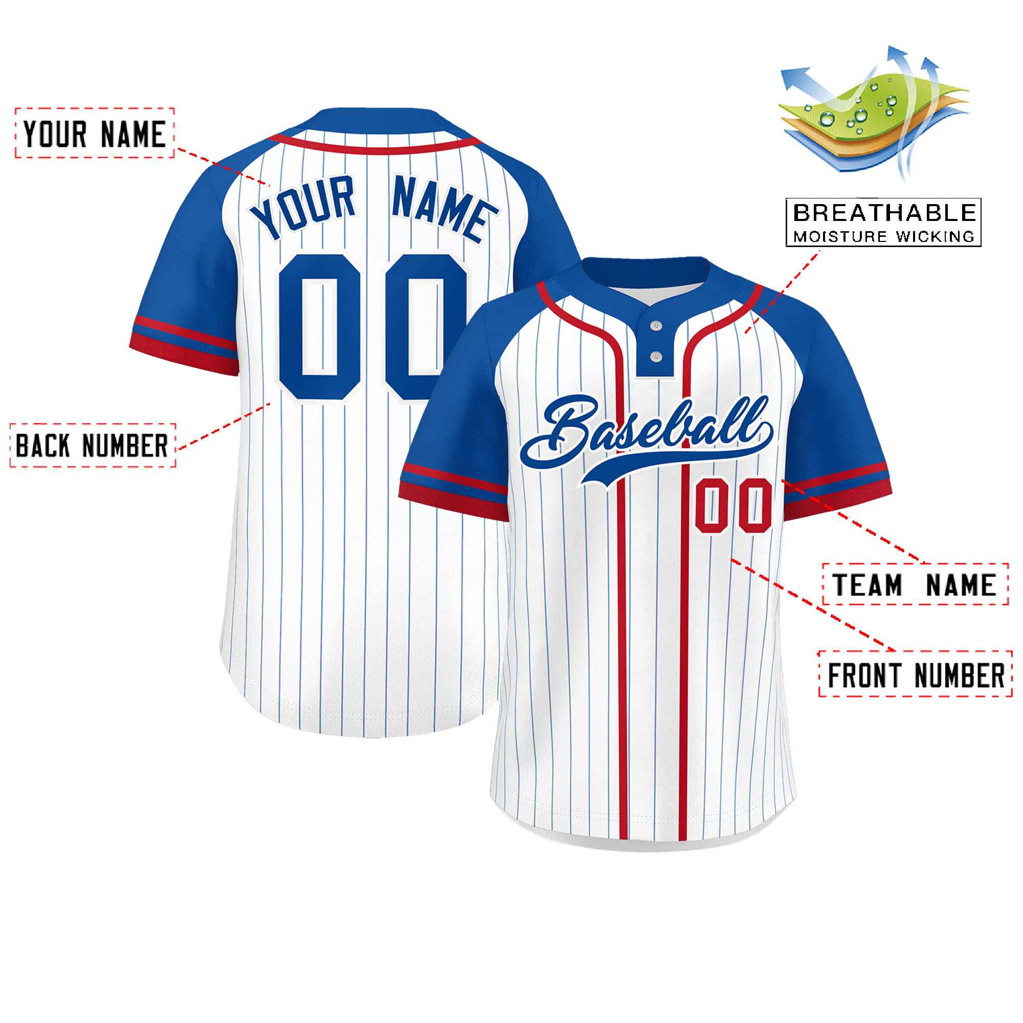Custom White Royal-Red Stripe Fashion Raglan Sleeves Authentic Two-Button Softball Jersey