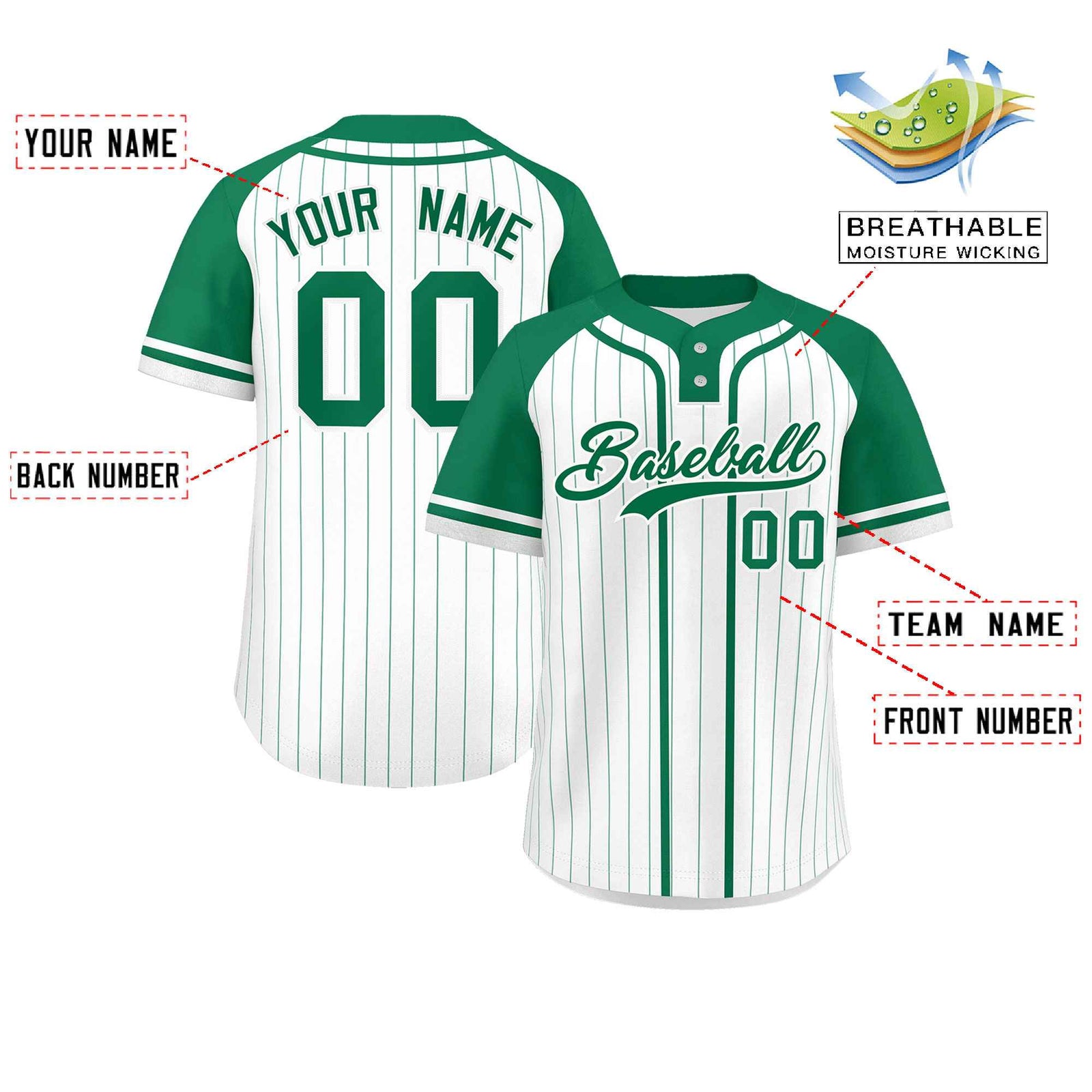 Custom White Kelly Green Stripe Fashion Raglan Sleeves Authentic Two-Button Softball Jersey