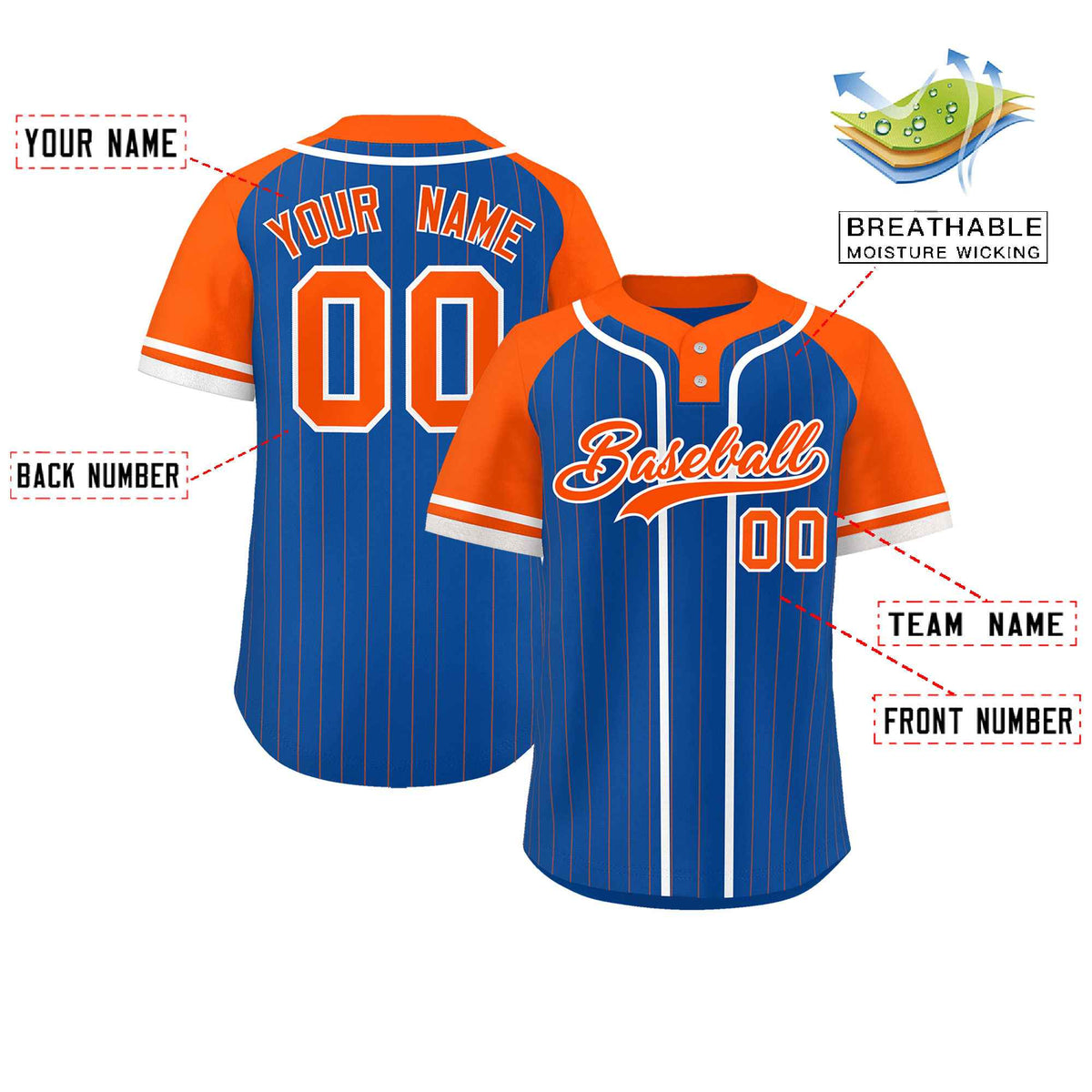 Custom Royal Orange-White Stripe Fashion Raglan Sleeves Authentic Two-Button Softball Jersey