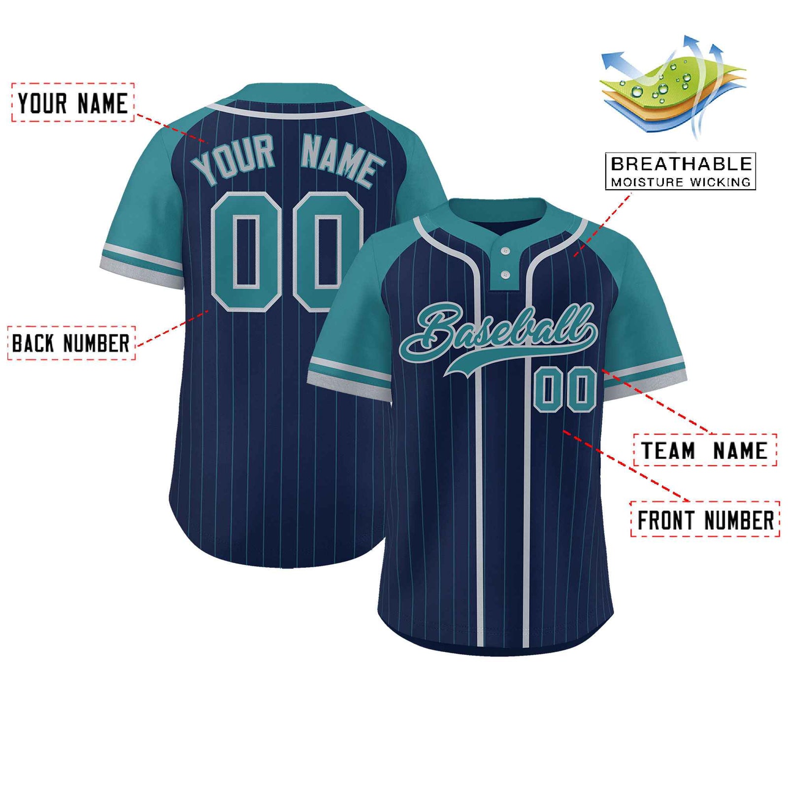 Custom Navy Aqua-Gray Stripe Fashion Raglan Sleeves Authentic Two-Button Softball Jersey