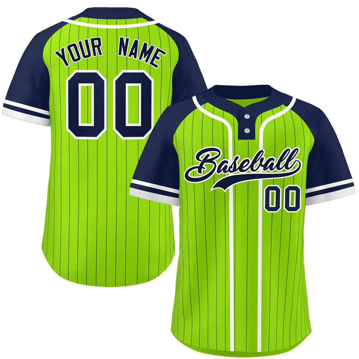 Custom Neon Green Navy-White Stripe Fashion Raglan Sleeves Authentic Two-Button Softball Jersey